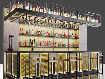 Stylish Bar Interior With Shelves Of Wine Bottles Glasses And Bar Stools 3d model