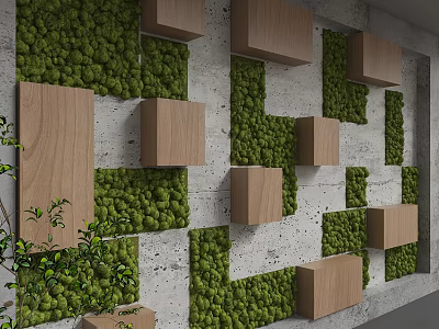 Green Moss And Wooden Blocks Decorated Modern Concrete Wall Interior Design 3d model