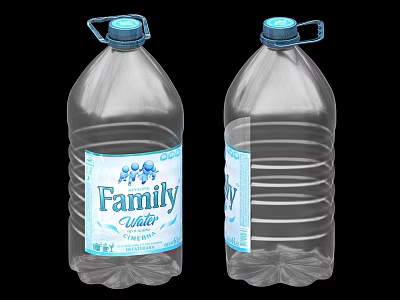 Transparent Plastic Family Water Bottles With Blue Caps And Handles 3d model