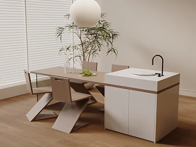 Modern Dining Table Set with Round Pendant Light Green Plant and White Cabinet 3d model
