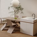Modern Dining Table Set with Round Pendant Light Green Plant and White Cabinet