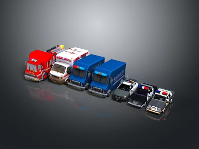 Different Toy Vehicle Models Featuring Fire Truck Ambulance Blue Van And Police Car 3d model