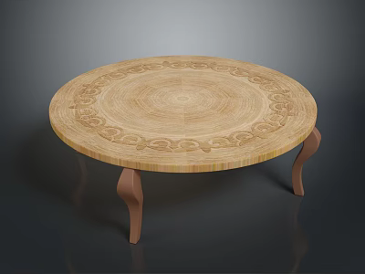 Decorative Round Wooden Dining Table with Intricate Carved Patterns and Elegant Curved Legs 3d model