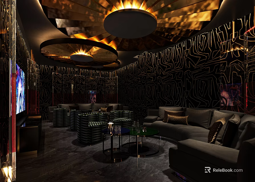 Elegant KTV Interior Design With Modern Ceiling Lights Dark Patterned Walls Comfortable Sofas Coffee Tables 3d model