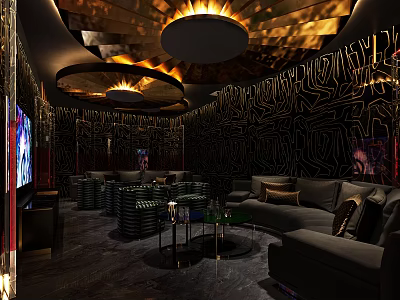 Elegant KTV Interior Design With Modern Ceiling Lights Dark Patterned Walls Comfortable Sofas Coffee Tables 3d model