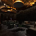 Elegant KTV Interior Design With Modern Ceiling Lights Dark Patterned Walls Comfortable Sofas Coffee Tables 3d model