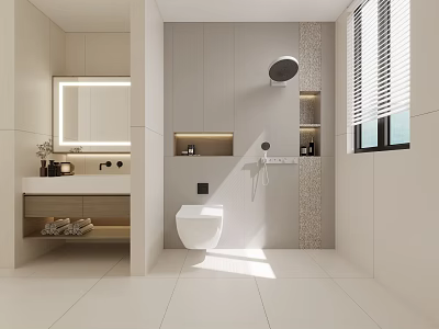 Modern Bathroom Interior Design With Vanity Backlit Mirror Toilet Storage Cabinets And Window Blinds 3d model