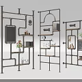 Metal Frame Display Shelf Unit with Multiple Shelves Books Flower Vases Chalkboard Hanging Lamps
