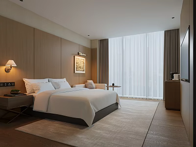 Modern Hotel Room Featuring King Bed White Bedding Wooden Walls And Floor To Ceiling Curtains 3d model