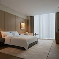 Modern Hotel Room Featuring King Bed White Bedding Wooden Walls And Floor To Ceiling Curtains