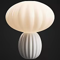 White and Beige Mushroom Shaped Table Lamps with Striped Design on Black Background