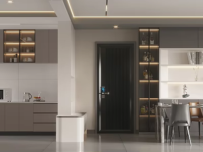 Modern Living Dining Room Interior With Gray Cabinets Dining Table And Display Shelves 3d model
