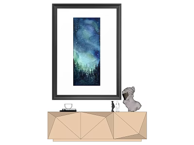 Starry Forest Painting In Black Frame On Geometric Cabinet With Coffee Cup Statue Dog Figurine 3d model