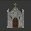 Traditional Stone Church Building With Green Tiled Roof Pointed Towers And Wooden Door