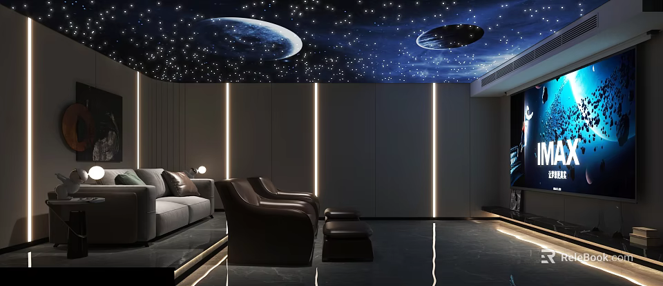 Modern Home Theater With Starry Sky Ceiling Leather Chairs And Ambient Light Strips 3d model
