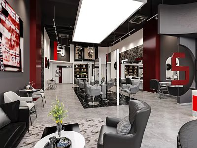 Modern Hair Beauty Salon Interior Design With Styling Chairs And Red Gray Decor 3d model