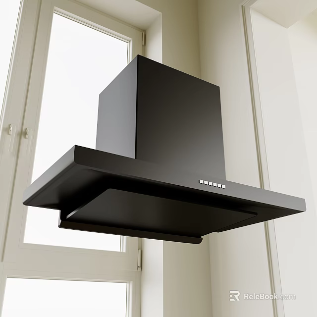 Sleek Modern Black Range Hood Kitchen Appliance Mounted By Window In Kitchen 3d model 