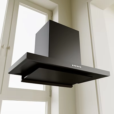 Sleek Modern Black Range Hood Kitchen Appliance Mounted By Window In Kitchen 3d model