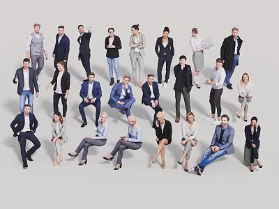 Group of Business People Standing and Sitting Together Against Gray Background 3d model