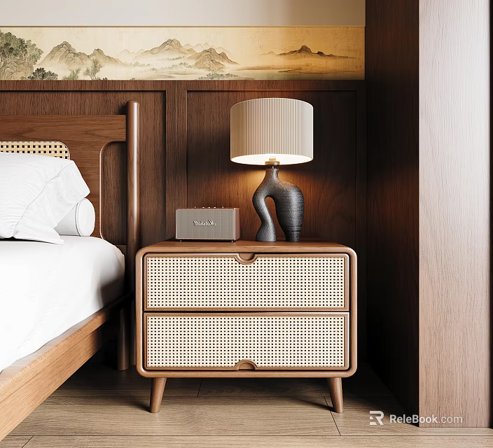 Wooden Nightstand With Rattan Drawers And Table Lamp By Bed In Bedroom 3d model 
