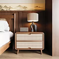 Wooden Nightstand With Rattan Drawers And Table Lamp By Bed In Bedroom