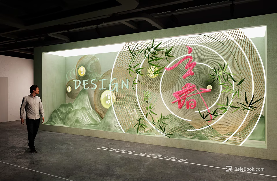 Illuminated Oriental Showcase Window With Bamboo Circular Patterns And Mountain Design 3d model 