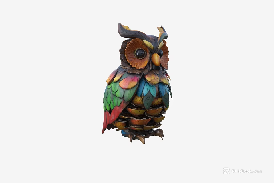 Artistic Handcrafted Owl Sculpture with Vibrant Colorful Feathers Detailed Design for Decor 3d model 