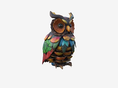 Artistic Handcrafted Owl Sculpture with Vibrant Colorful Feathers Detailed Design for Decor 3d model