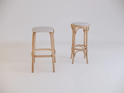 Minimalist Wooden Bar Stools with Two Round Seats and Curved Legs Design 3d model