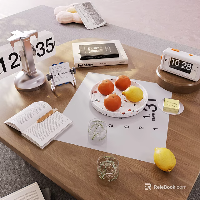 Modern Tea Set On Wooden Table With Open Book Fresh Fruits And Glass Cup 3d model 