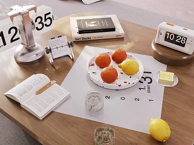 Modern Tea Set On Wooden Table With Open Book Fresh Fruits And Glass Cup 3d model