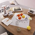 Modern Tea Set On Wooden Table With Open Book Fresh Fruits And Glass Cup