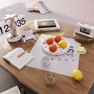 Modern Tea Set On Wooden Table With Open Book Fresh Fruits And Glass Cup 3d model