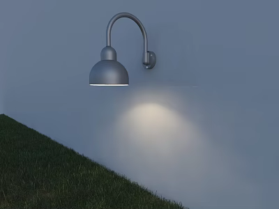 Curved Arm Silver Wall Lamp Dome Shade On White Wall Casts Warm Light Over Grass 3d model
