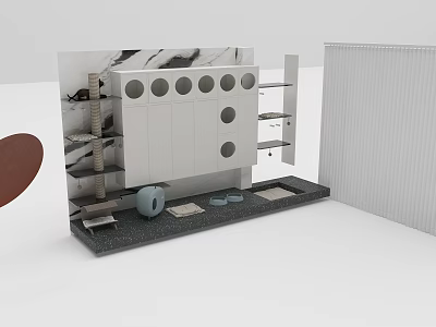 Modern Home Essentials Storage Unit With Circular Holes Metal Shelves And Gray Countertop 3d model