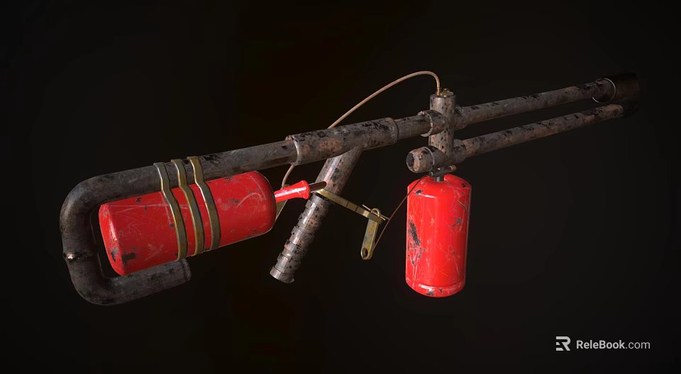 Improvised Weapon With Rusty Metal Pipes Red Canisters And Components 3d model 
