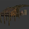 Outdoor Rustic Wooden Stacked Log Storage Structure With Shed Bench And Crates
