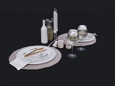 Elegant Dinnerware Set with Woven Placemats Plates Cutlery Napkins and Wine Glasses 3d model