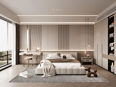 Modern Bedroom Interior With King Bed Zebra Rug Pendant Lights And Window Curtains 3d model