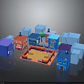 Colorful Miniature Buildings Forming Small Community With Central Open Plaza Area