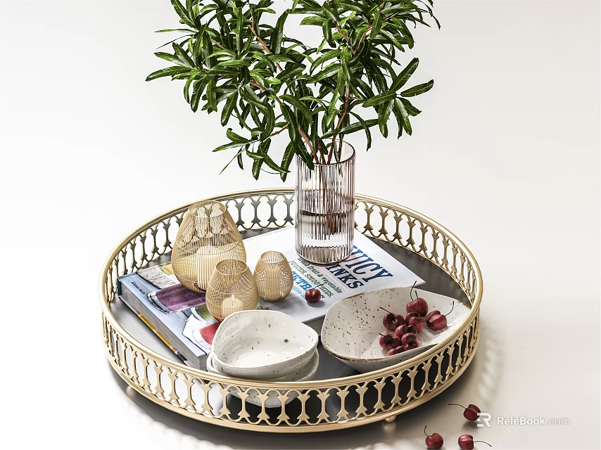 Round Tray with Golden Frame Holding Green Plant Magazines Shells and Bowls with Berries 3d model 