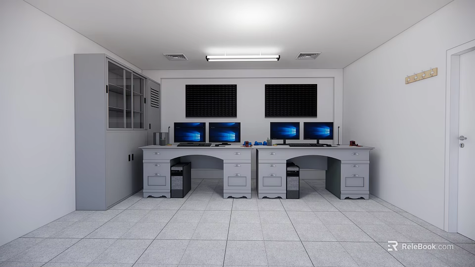 Monitoring Room Interior With Control Desks Multiple Computer Monitors And Storage Cabinets 3d model 