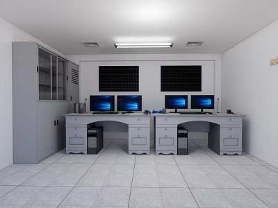 Monitoring Room Interior With Control Desks Multiple Computer Monitors And Storage Cabinets 3d model
