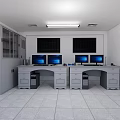 Monitoring Room Interior With Control Desks Multiple Computer Monitors And Storage Cabinets