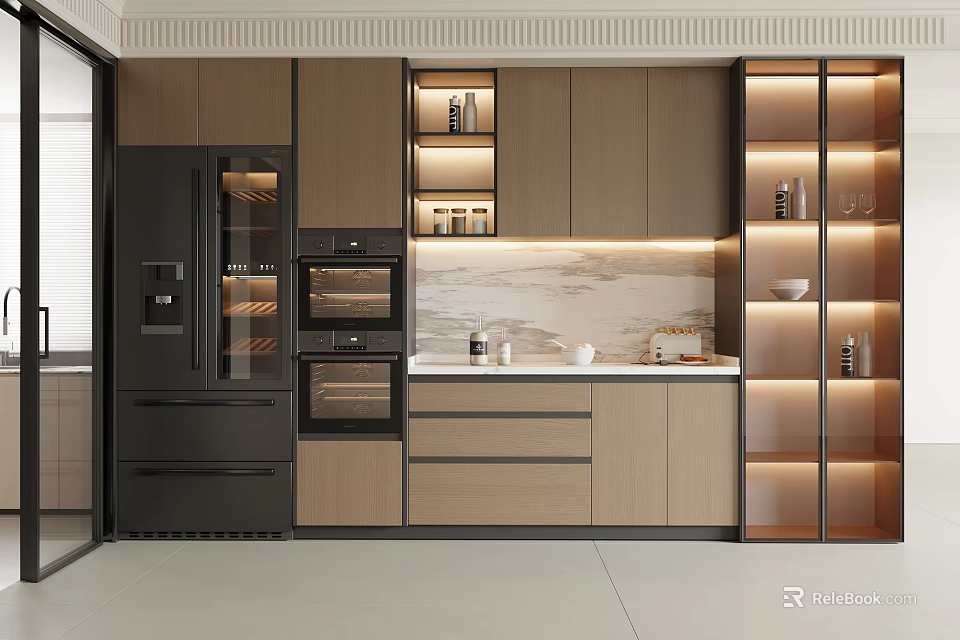Modern Kitchen Sideboard With Light Wood Cabinets Glass Doors LED Lighting And Marble Countertop 3d model 