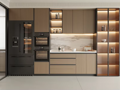 Modern Kitchen Sideboard With Light Wood Cabinets Glass Doors LED Lighting And Marble Countertop 3d model