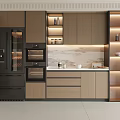 Modern Kitchen Sideboard With Light Wood Cabinets Glass Doors LED Lighting And Marble Countertop