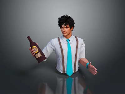 Handsome Male Character Holding Wine Bottle With White Shirt Brown Suspenders And Blue Tie 3d model