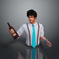 Handsome Male Character Holding Wine Bottle With White Shirt Brown Suspenders And Blue Tie