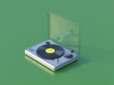 Silver Turntable Entertainment Appliance With Open Transparent Cover Black Record Yellow Label And Control Knobs 3d model